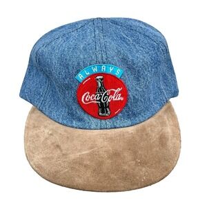 Vintage Coca Cola Hat Cap SnapBack Blue Denim 90s Made In USA Always Bottle Logo